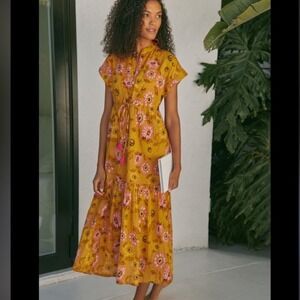 Anthropologie Ros Garden Mustard Yellow Floral Cotton Tiered Midi Dress Size M